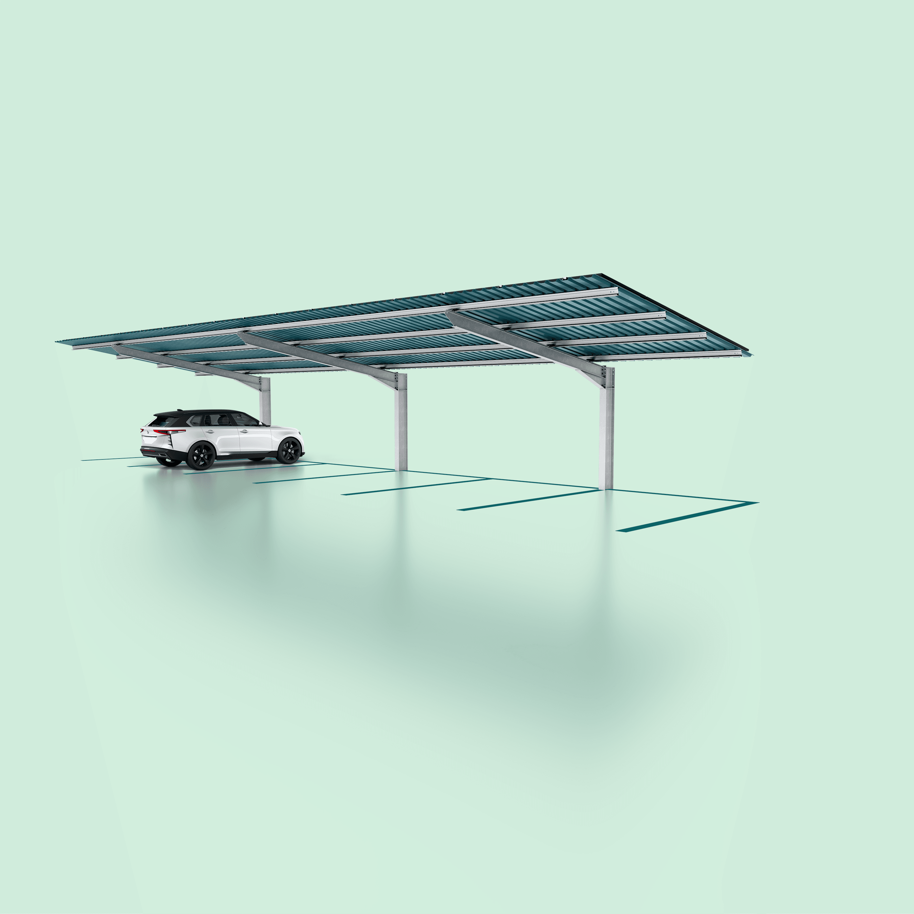 A white car is parked under a metal solar panel canopy in an otherwise empty parking lot on a mint green background.