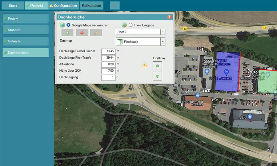 A screenshot of a software interface showing a roof area calculation module overlaid on a map. The interface displays roof dimensions and has various configuration options.