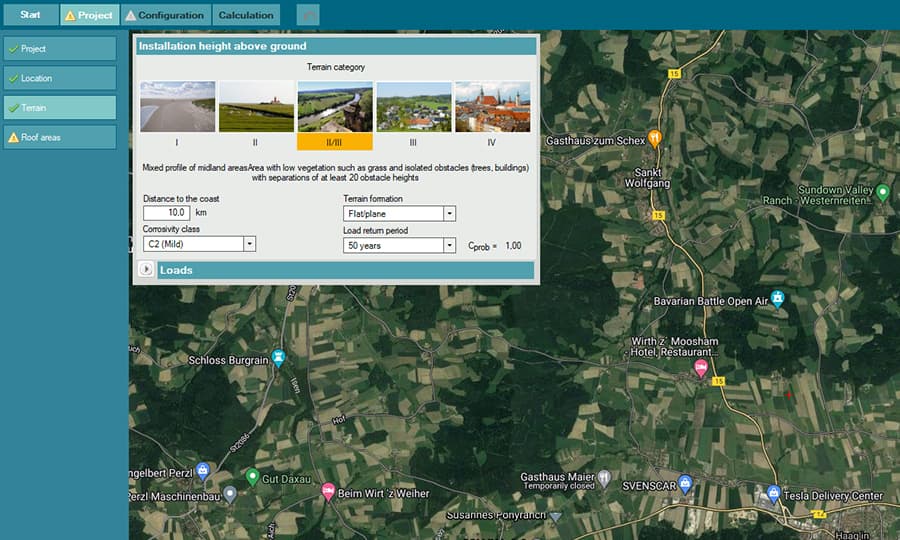 A detailed interactive map showing terrain categories, load parameters, and various marked geographical locations. Tabs on the left side are labeled Project, Location, Terrain, and Load areas.