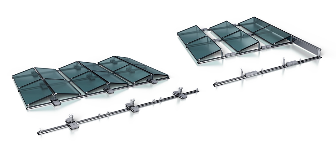 A 3D rendering showing two configurations of a glass and metal structure, with panels arranged in a grid pattern, supported by a metal framework.