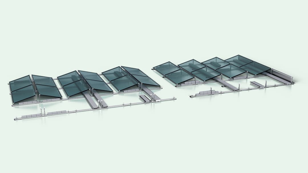A 3D rendering of two glass and steel structures with slanted roofs, aligned to display their architectural design.