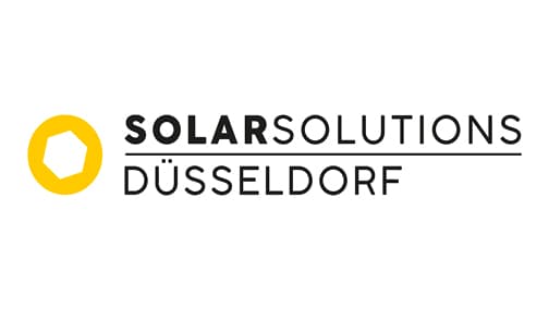 Logo of Solar Solutions Düsseldorf with a yellow hexagon icon on the left followed by the text "SOLAR SOLUTIONS DÜSSELDORF" in bold black font.