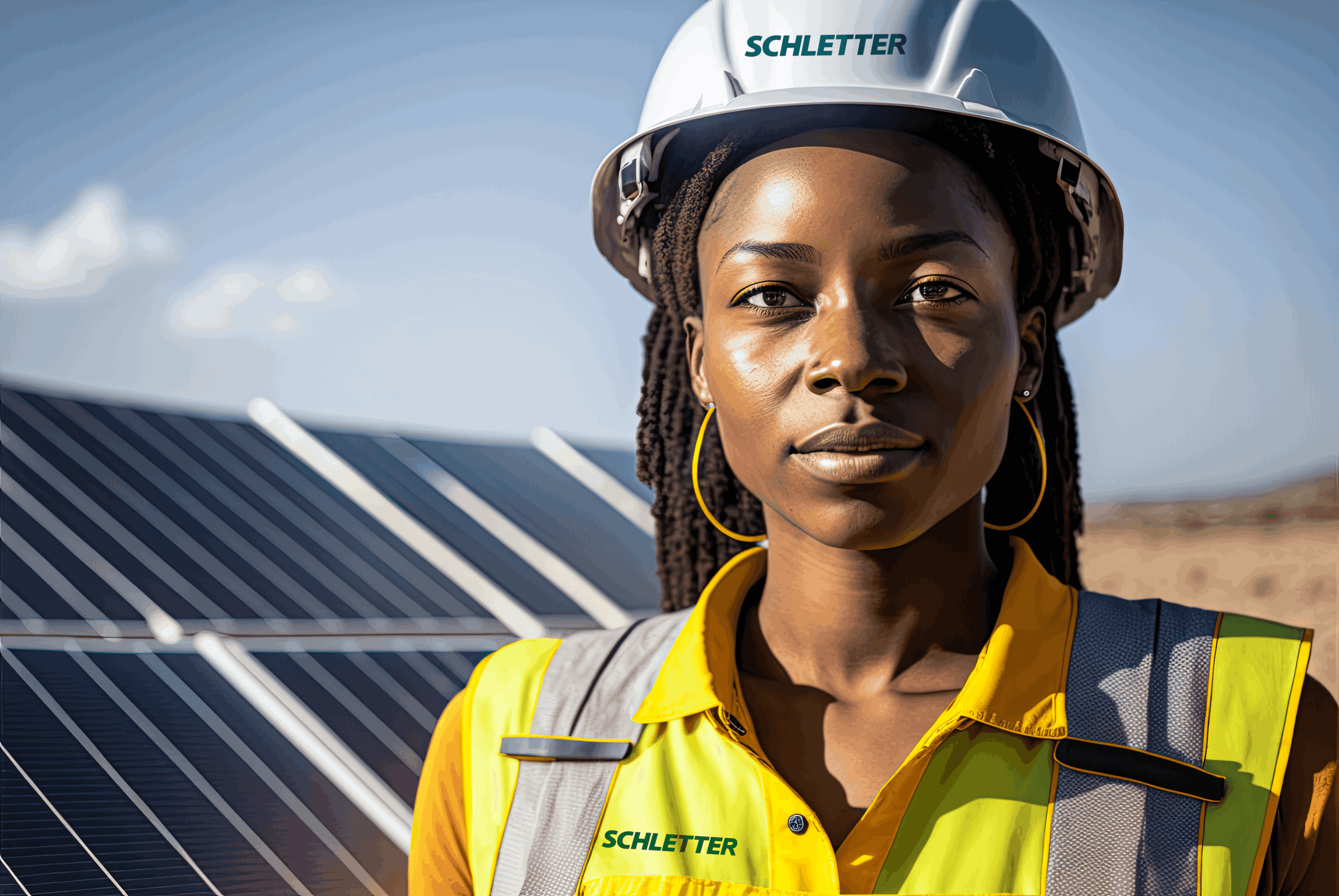 A person wearing a hard hat and high-visibility vest stands in front of solar panels.