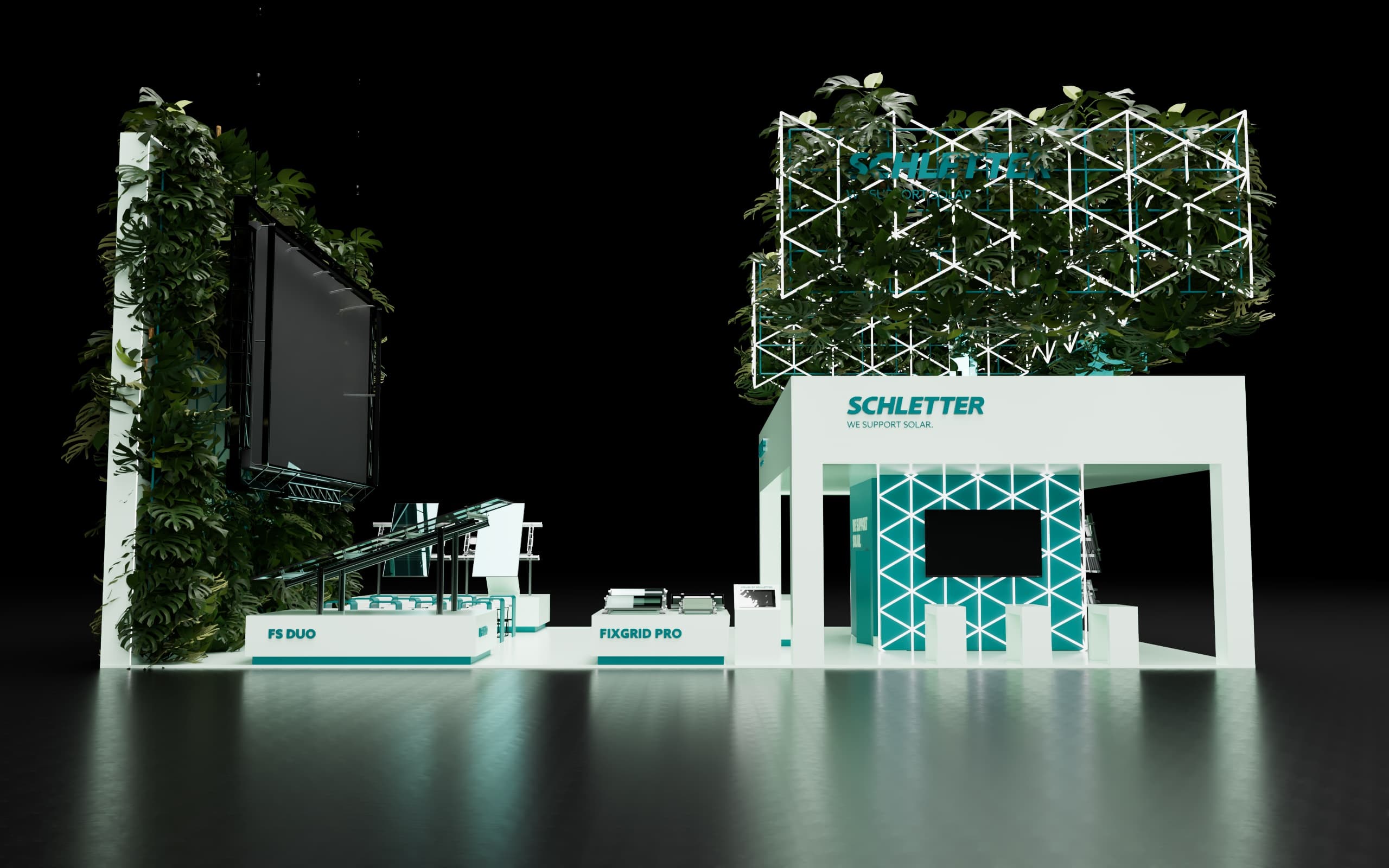 Exhibition booth with green plants, large screen, and signs reading "Schletter" and "FS Duo," "FixGrid Pro." The structure features modern design elements, including a grid pattern and teal accents.