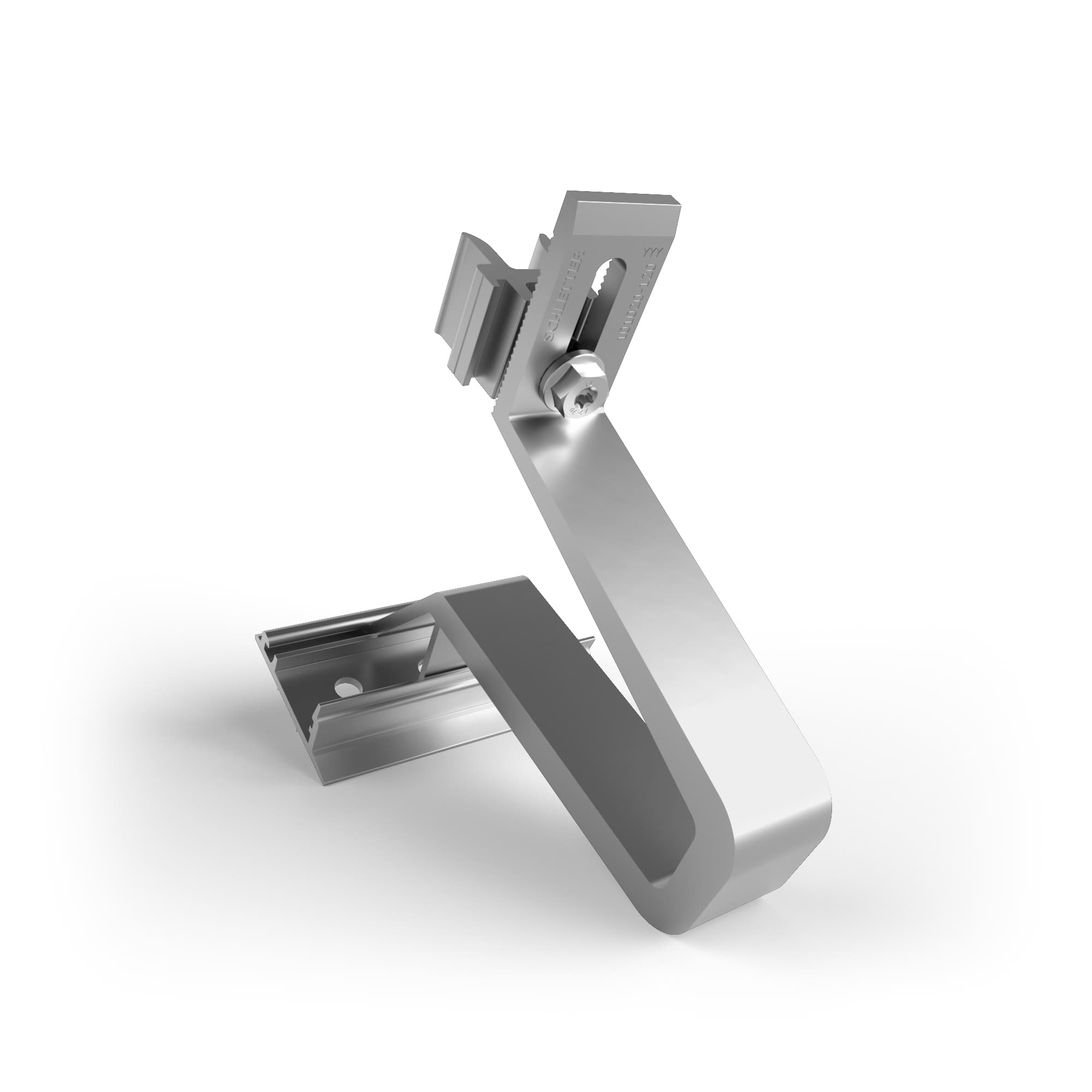A metal bracket with a curved base, designed to hold and secure horizontal structures, featuring a bolt and a slot for adjustments.