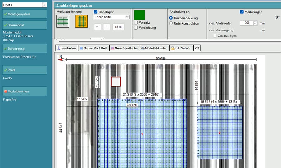Screenshot of a software interface displaying a rooftop solar panel layout plan, detailing module selection, arrangement, and measurements in millimeters. Various tabs and settings are visible.