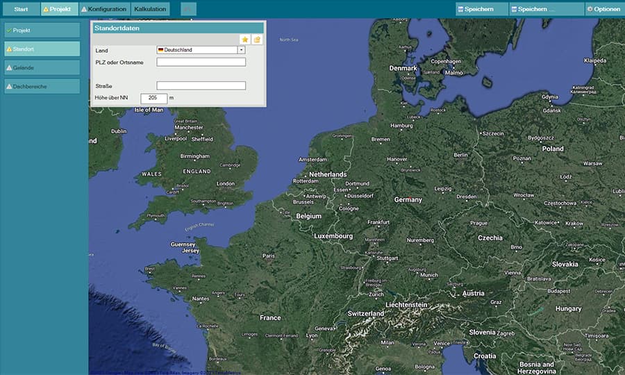 A screen displaying a map of parts of Europe with a software interface overlay, showing sections for projects, configuration, and calculation on the left.