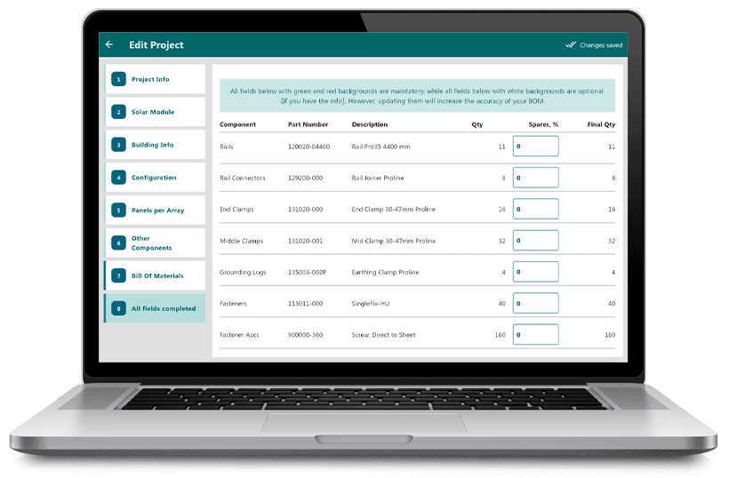 A laptop displaying a project management software screen with fields for components, part numbers, descriptions, quantities, and spaces to be filled out.